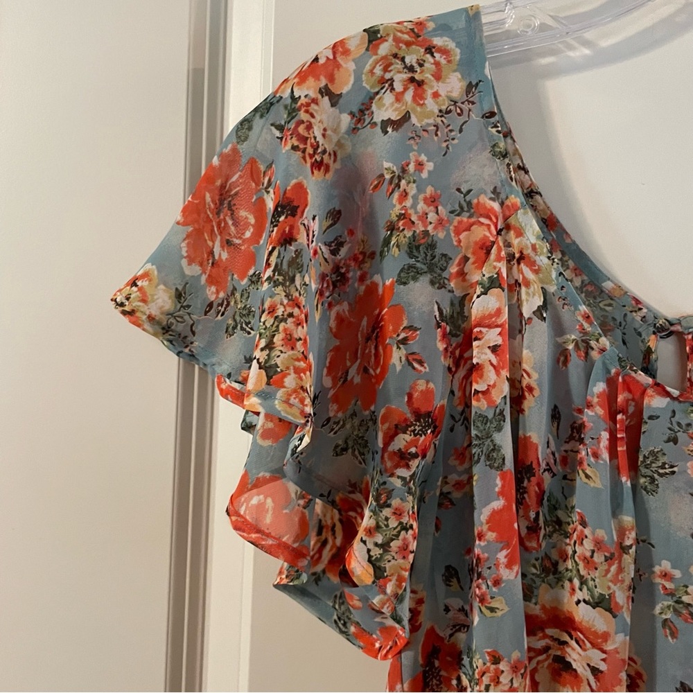 Junior Misses Forever XXI Aqua Coral Floral Sheer Top Size M - Picture 8 of 10